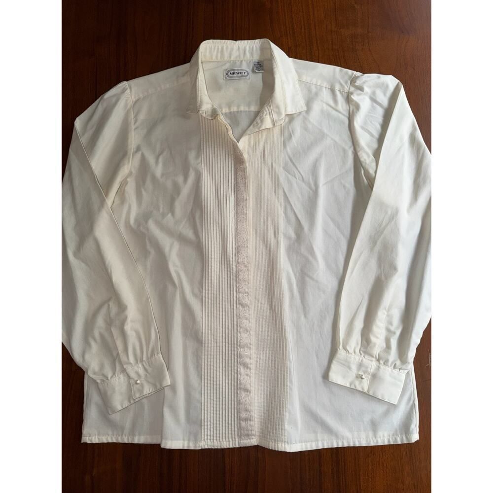 Vintage Mr. Witt Women's Pleated Cotton Blend Button Down Blouse Ivory - Size 14